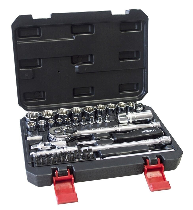 52PC 1/4" & 3/8" 12 POINT SOCKET RATCHET EXTENSION BAR BIT SET WITH CASE I0635