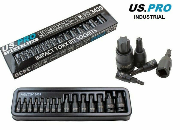 US PRO Impact Torx Bit Socket Set 15pc 1/4" 3/8" 1/2" Sockets Set 3439