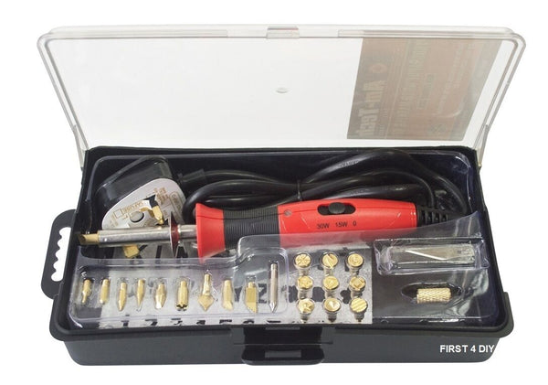 PRO 30W WOOD BURNING SOLDERING IRON GUN TOOL SET PYROGRAPHY BURNER BRASS & TIPS