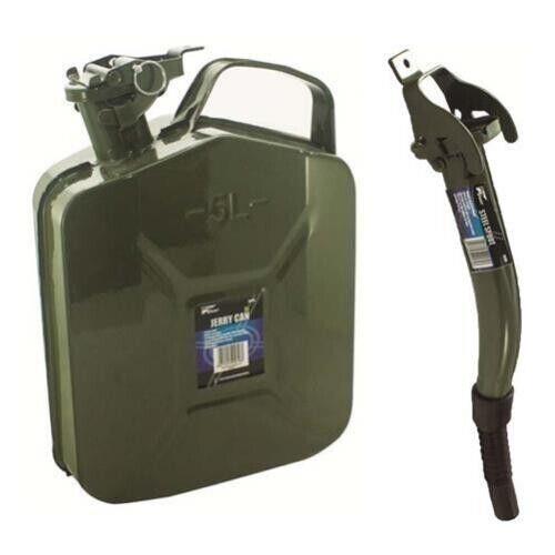 5 LITRE METAL FUEL JERRY CAN PETROL DIESEL 5L ARMY CONTAINER & SPOUT SET JC105