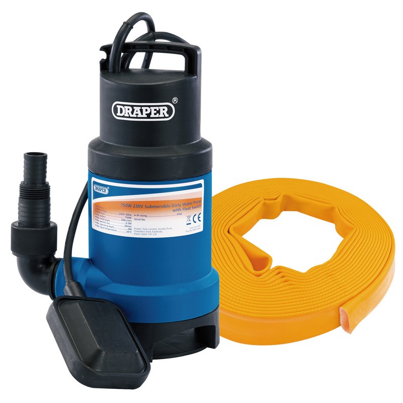 Draper Submersible Dirty Water Pump Kit with Layflat Hose & Adaptor, 200L/Min, 10m x 25mm, 350W 61814