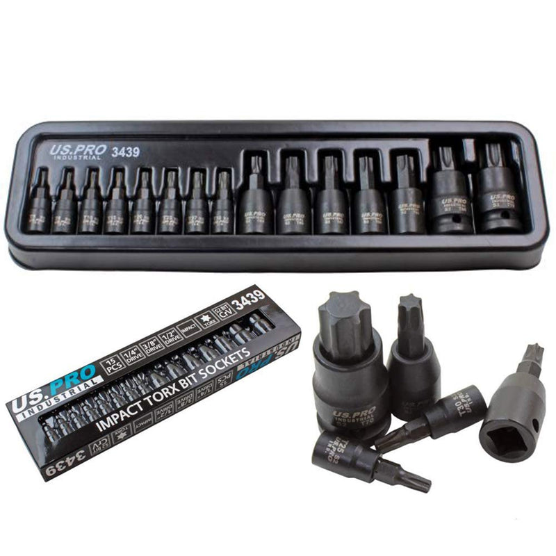 15pc Impact Torx Bit Socket Set 1/4 3/8 1/2 T6-T70 TRX-Star US Pro Industrial