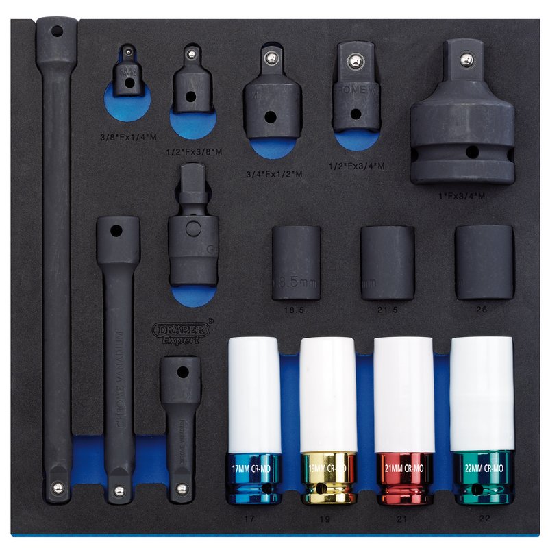 Draper Impact Socket Set in 1/2 Drawer EVA Insert Tray, 1/2" Sq. Dr. (16 Piece) 63482