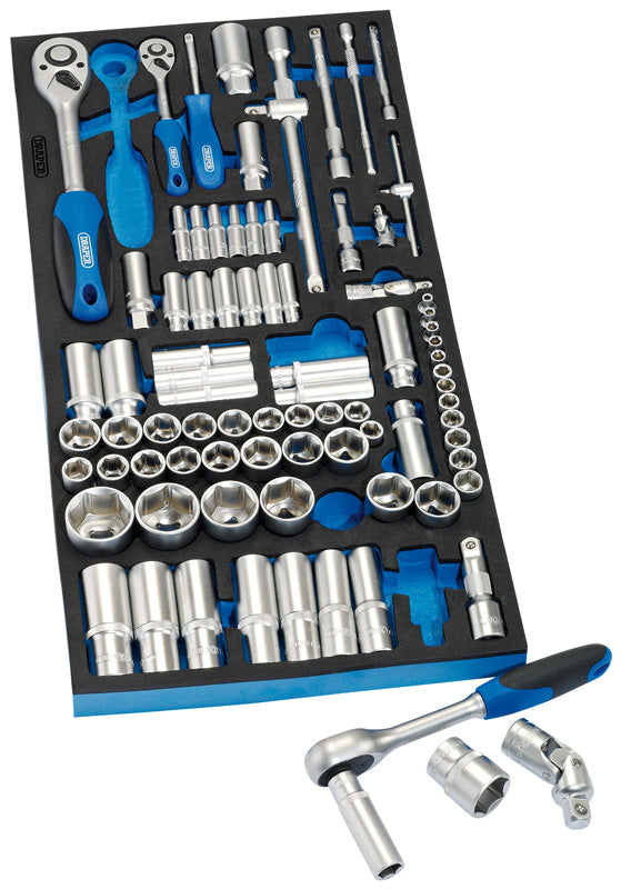 Draper Socket Set in Full Drawer EVA Insert Tray, 1/4", 3/8", and 1/2" (84 Piece) 63540