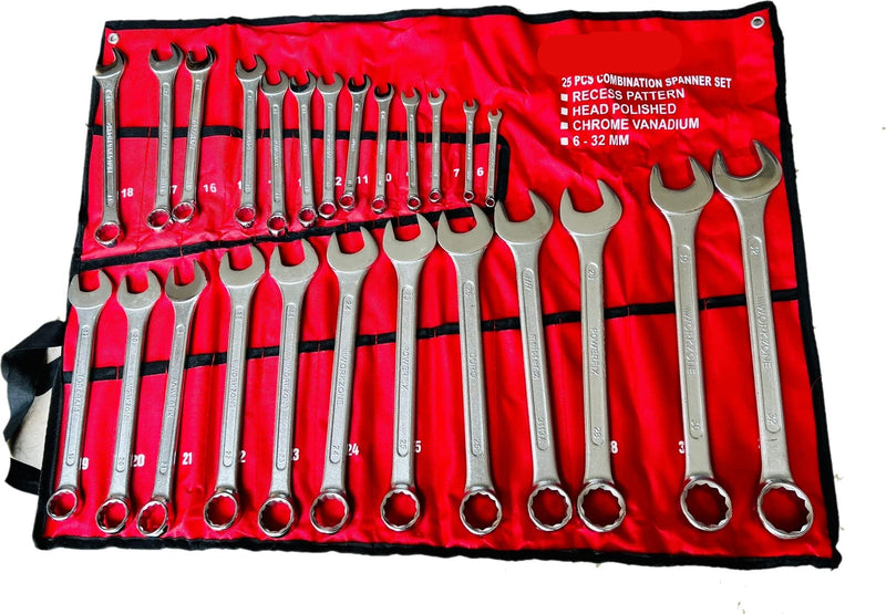 25PC Combination Spanner Set Polished Head Metric Open Ring Wrench 6 - 32MM in Pouch