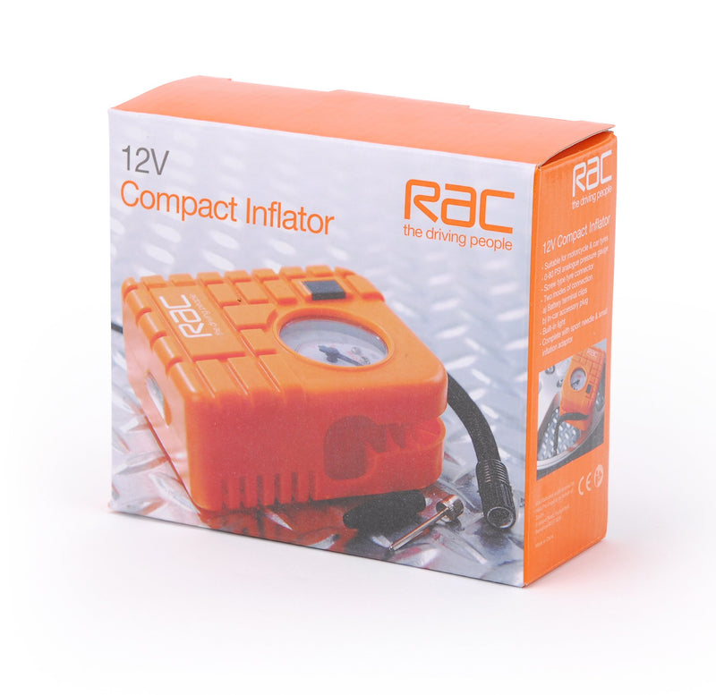 RAC HP223 12V Compact Inflator - Built-In Light - For Cars, Motorcycles, Inflatables , Orange