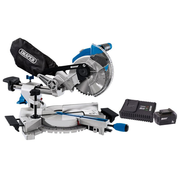 Draper D20 20V Brushless Sliding Compound Mitre Saw, 185mm, 1 x 5.0Ah Battery, 1 x Fast Charger 99970