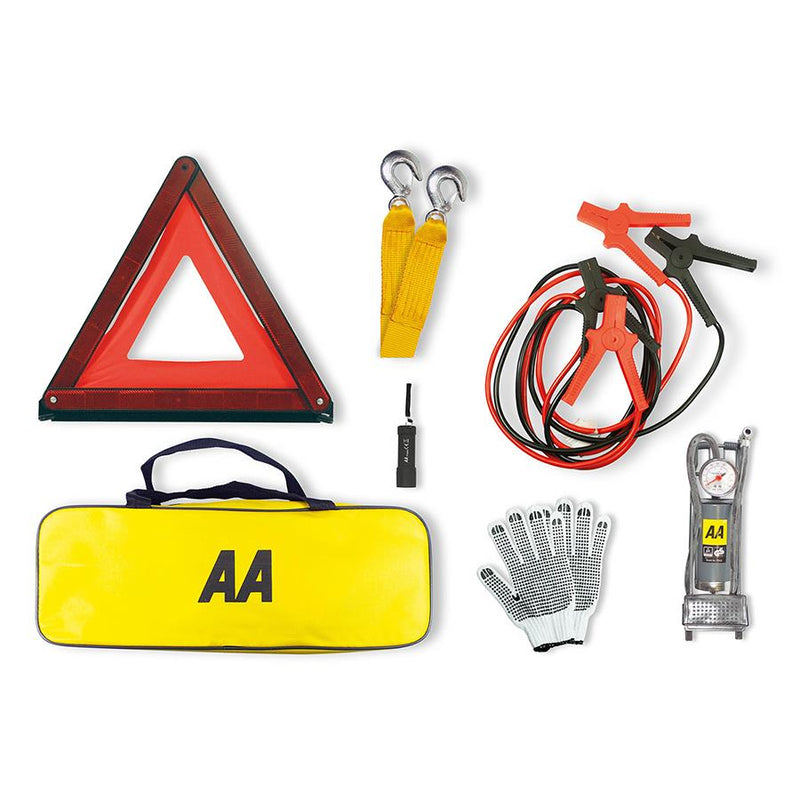 AA Jump Leads Foot Pump Triangle Torch Gloves Car Emergency Breakdown Safety Kit