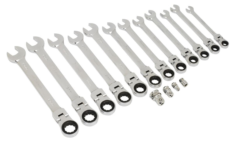 Sealey AK6382 Flexi-Head Ratchet Combination Spanner Set 16pc Metric