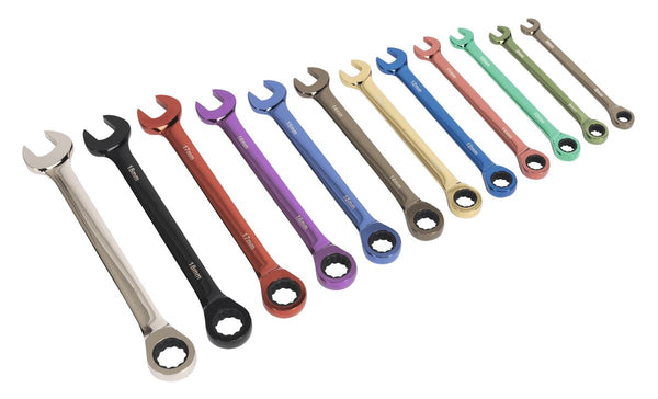 Sealey AK63913 Combination Ratchet Spanner Set 12pc Multi-Coloured Metric