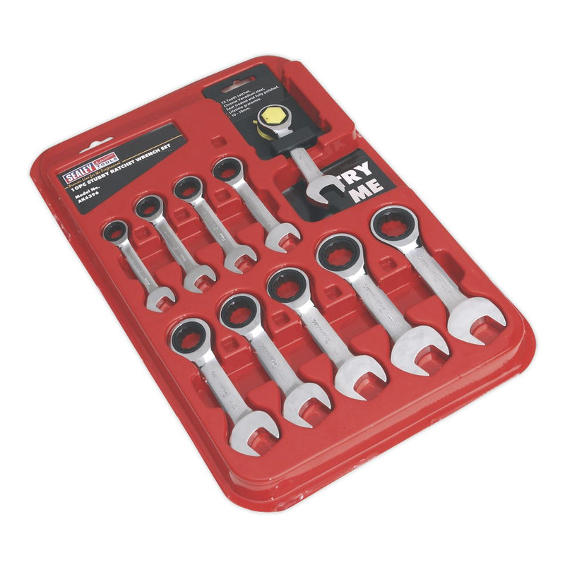 Sealey AK6396 Combination Ratchet Spanner Set 10pc Stubby Metric