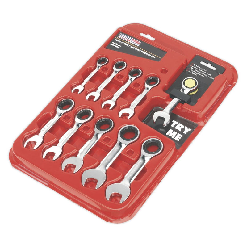 Sealey AK6396 Combination Ratchet Spanner Set 10pc Stubby Metric