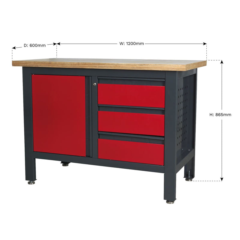 Sealey Workbench with 3 Drawers & Cupboard AP1372B