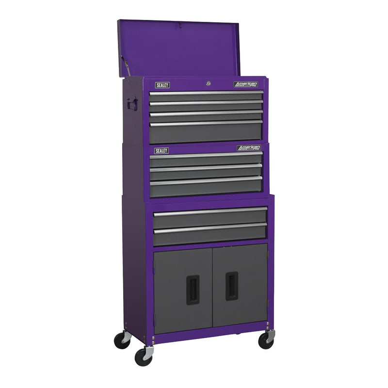 Sealey American PRO&reg; Topchest, Mid-Box Tool Chest & Rollcab Stack 9 Drawer - Purple AP2200BBCPSTACK