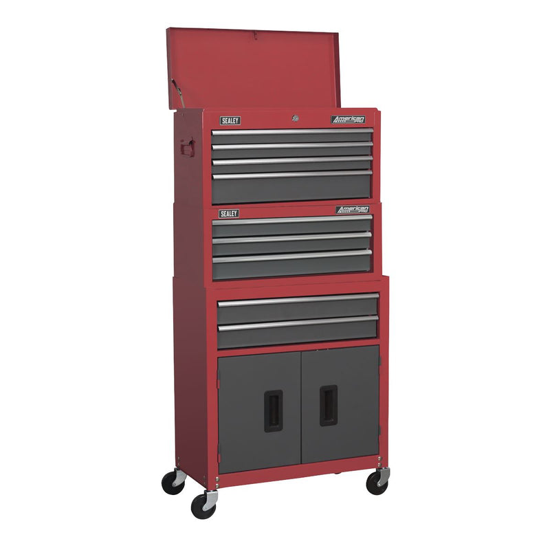 Sealey American PRO&reg; Topchest, Mid-Box Tool Chest & Rollcab Stack 9 Drawer - Red AP2200BBSTACK