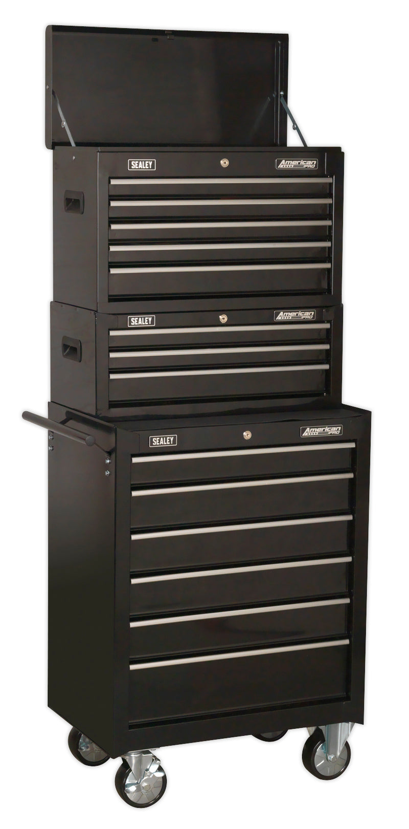 Sealey American PRO&reg; Topchest, Mid-Box Tool Chest & Rollcab Stack 14 Drawer - Black AP22BSTACK