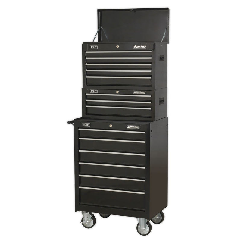 Sealey American PRO&reg; Topchest, Mid-Box Tool Chest & Rollcab Stack 14 Drawer - Black AP22BSTACK