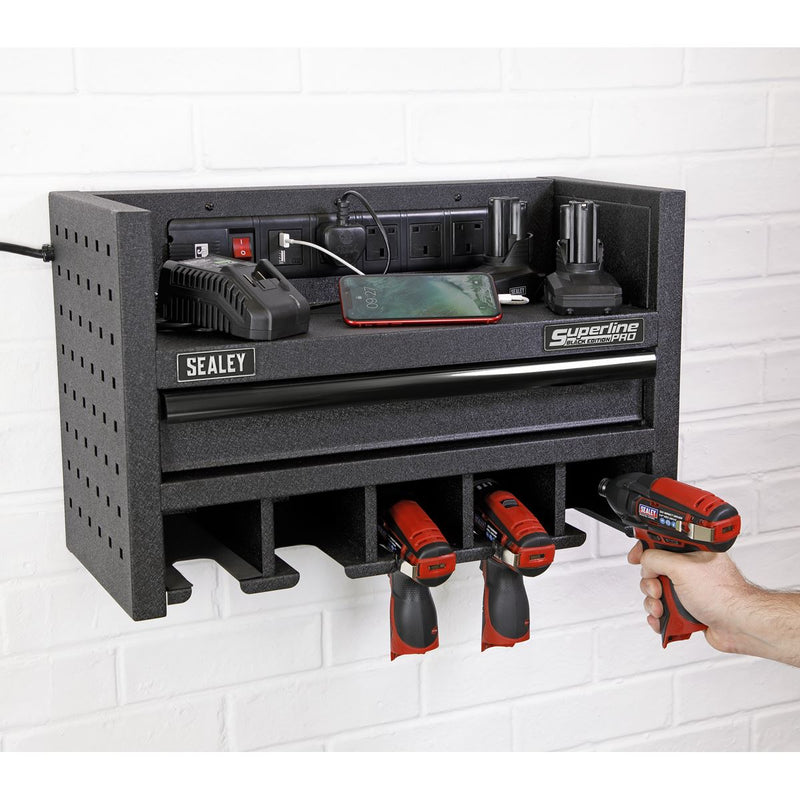 Sealey Superline PRO&reg; Power Tool Storage Rack with Drawer & Power Strip AP22SRBE