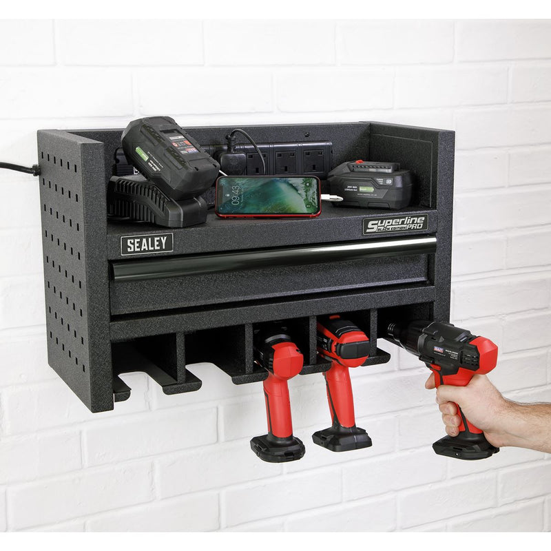 Sealey Superline PRO&reg; Power Tool Storage Rack with Drawer & Power Strip AP22SRBE