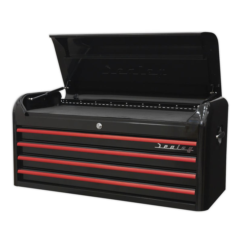 Sealey Premier&trade; Retro Style Wide Topchest 4 Drawer - Black with Red Anodised Drawer Pulls AP41104BR