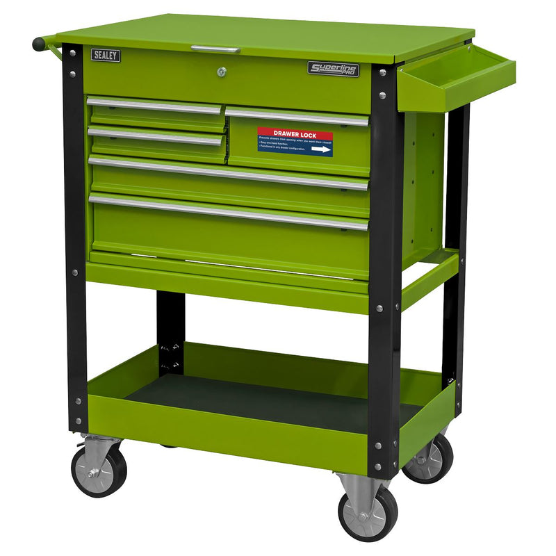 Sealey Superline PRO&reg; Heavy-Duty Mobile Tool & Parts Trolley with 5 Drawers and Lockable Top - Hi-Vis Green AP890MHV