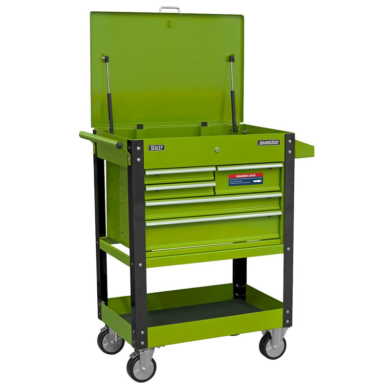 Sealey Superline PRO&reg; Heavy-Duty Mobile Tool & Parts Trolley with 5 Drawers and Lockable Top - Hi-Vis Green AP890MHV