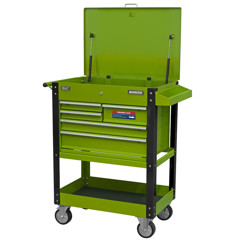 Sealey Superline PRO&reg; Heavy-Duty Mobile Tool & Parts Trolley with 5 Drawers and Lockable Top - Hi-Vis Green AP890MHV