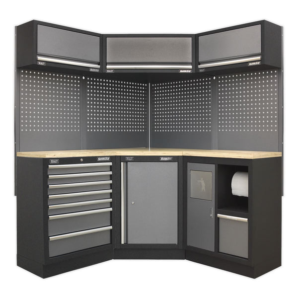Sealey Superline PRO&reg; Corner Storage System with Wood Worktop 1.6m APMSSTACK08W
