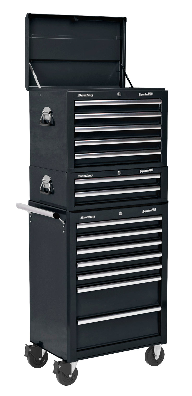 Sealey Superline PRO&reg; Topchest, Mid-Box Tool Chest & Rollcab Combination 14 Drawer - Black APSTACKTB