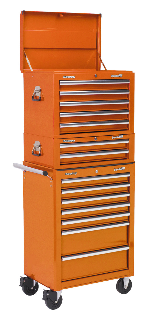 Sealey Superline PRO&reg; Topchest, Mid-Box Tool Chest & Rollcab Combination 14 Drawer - Orange APSTACKTO