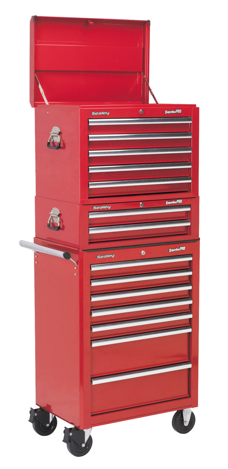 Sealey Superline PRO&reg; Topchest, Mid-Box Tool Chest & Rollcab Combination 14 Drawer - Red APSTACKTR