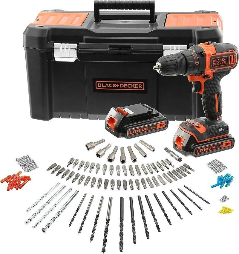 Black+Decker Combi Hammer Drill 18V Cordless 2x 1.5Ah Batteries Drill Bits + Box