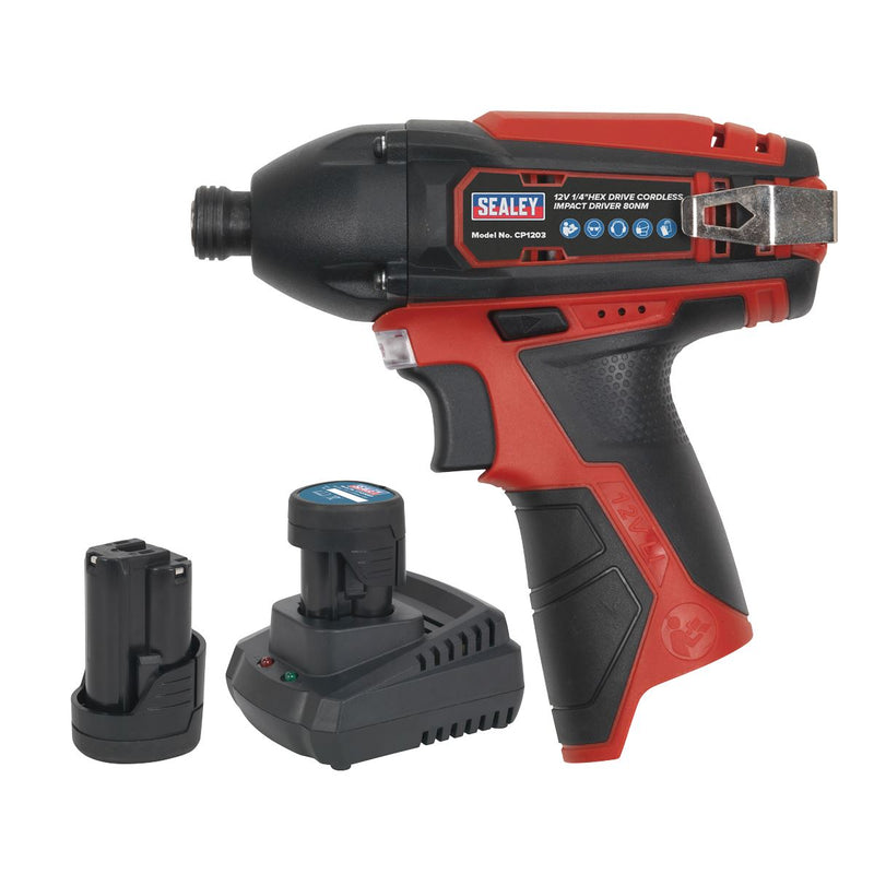 Sealey SV12 Series 1/4"Hex Drive Cordless Impact Driver Kit 12V 1.5Ah - 2 Batteries CP1203KIT