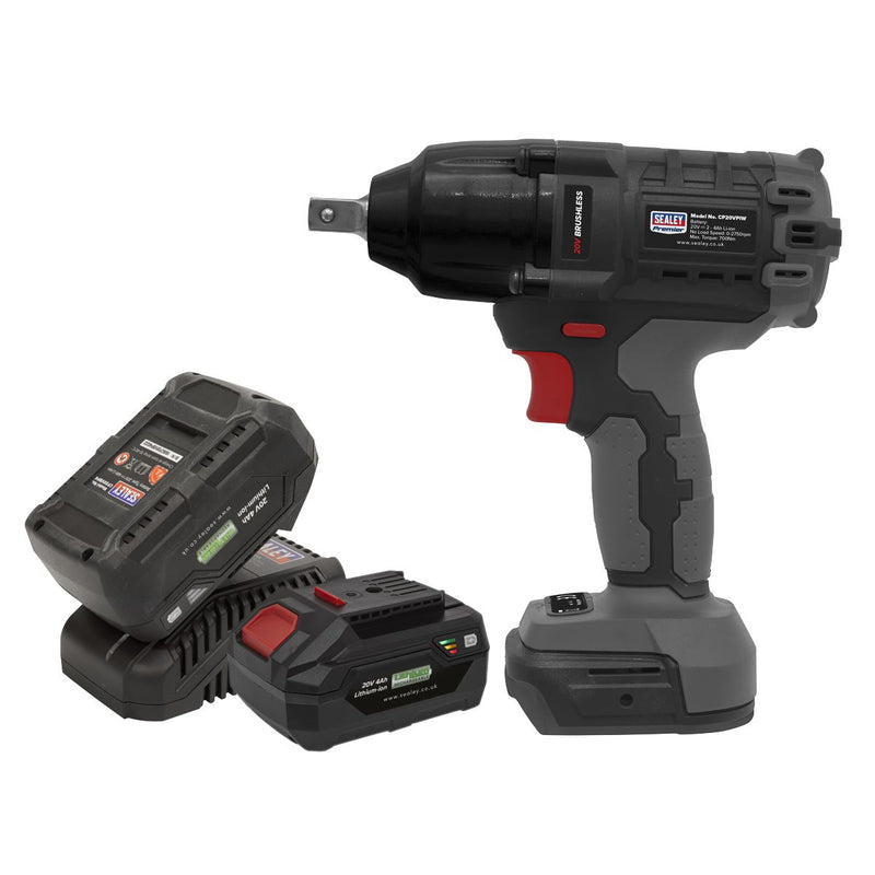 Sealey Premier SV20 Series 1/2"Sq Drive Brushless Cordless Impact Wrench Kit 20V 4Ah - 2 Batteries CP20VPIWKIT