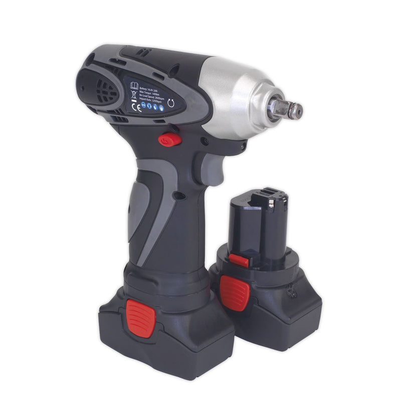 Sealey CP6001 Cordless Impact Wrench 3/8"Sq Drive 140Nm 14.4V 2Ah Lithium-ion - 2 Batteries 40min Charger