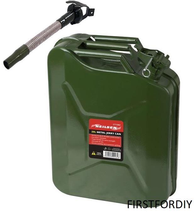 FUEL CAN JERRY 20 LITRE METAL PETROL DIESEL 20L ARMY CONTAINER & SPOUT CT1262