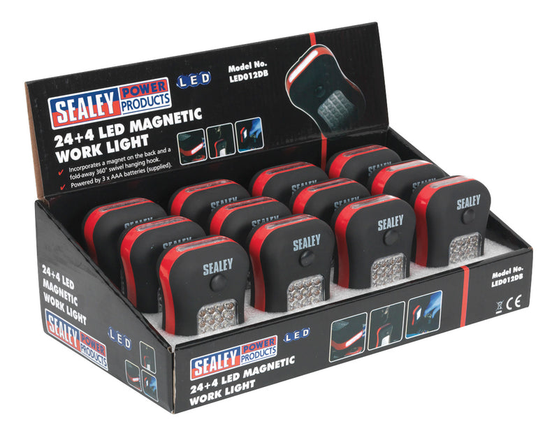 Sealey LED012DB Magnetic Work Light 24+4 LED 3 x AAA Cell Display Box of 12