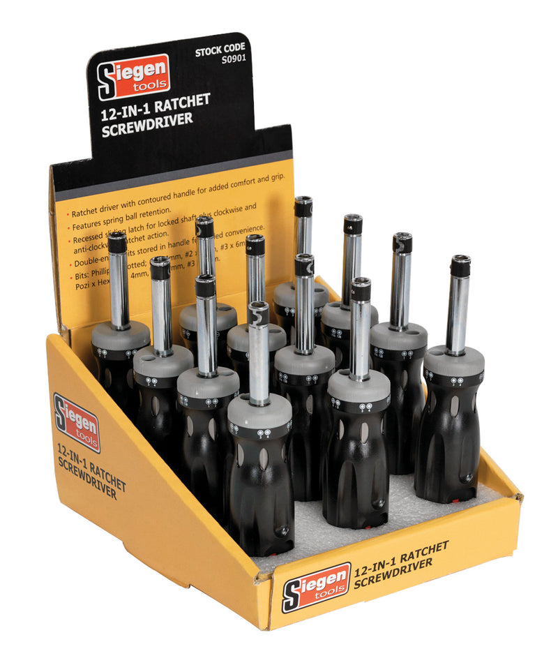 Sealey S0901 Ratchet Screwdriver 12-in-1 Display Box of 12