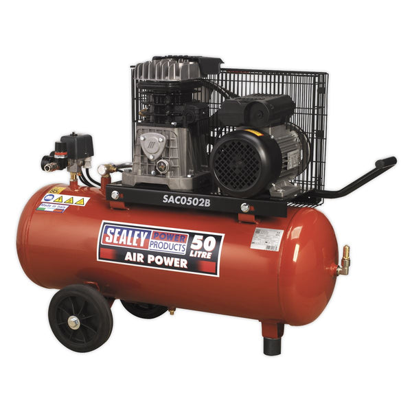 Sealey Air Compressor 50L Belt Drive 2hp with Cast Cylinders & Wheels SAC0502B