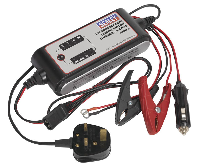 Sealey SMC02 Compact Auto Digital Battery Charger - 9-Cycle 12V