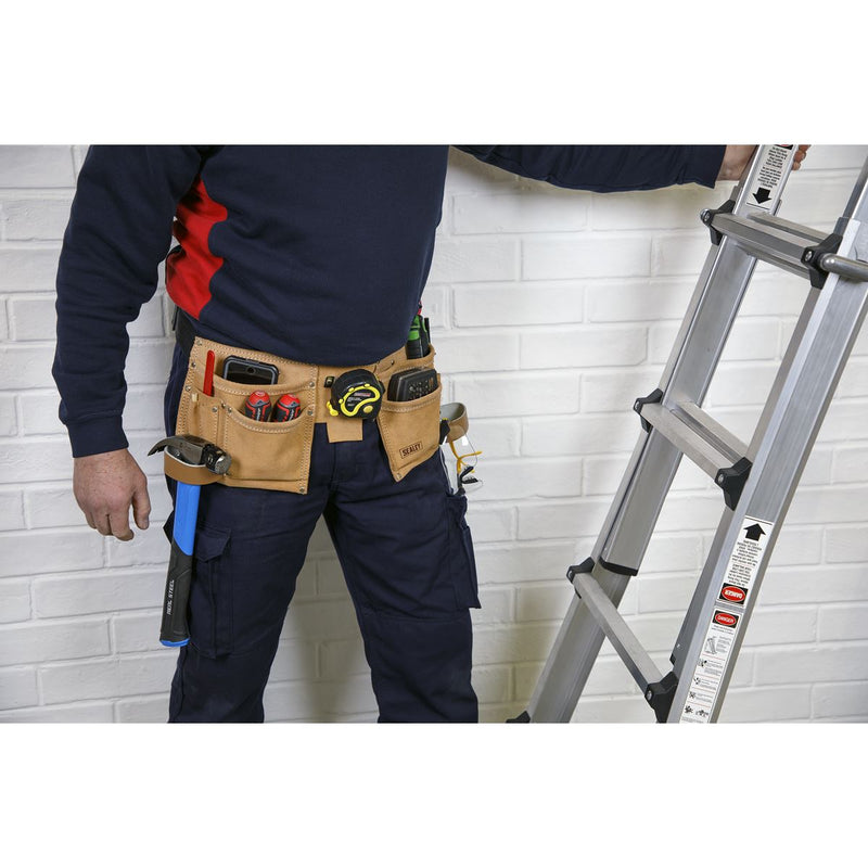 Sealey Tool Belt 11 Pocket Leather Builders Adjustable Hammer Loop STBL01