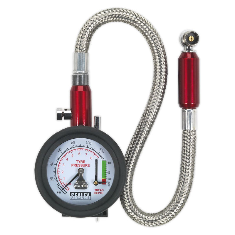 Sealey Tyre Pressure Gauge & Tyre Tread Depth Gauge with Flexible Hose 0-8bar(0-120psi) TSTPDG02