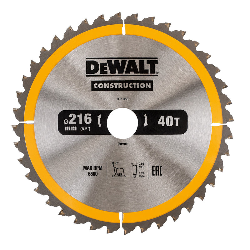 Dewalt Dewalt DT1953 Construction Circular Saw Blade 216 x 30mm x 40T DT1953