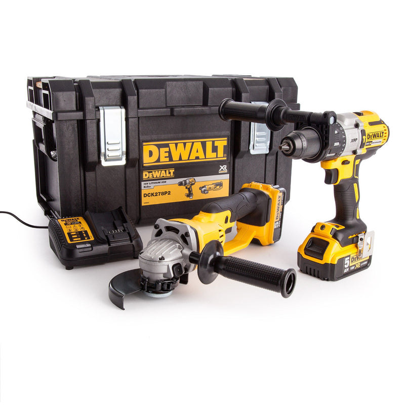 Dewalt Dewalt DCK278P2 18V Combi Drill & Angle Grinder Twin Pack (2 x 5.0Ah Batteries) in Toughsystem DCK278P2-GB