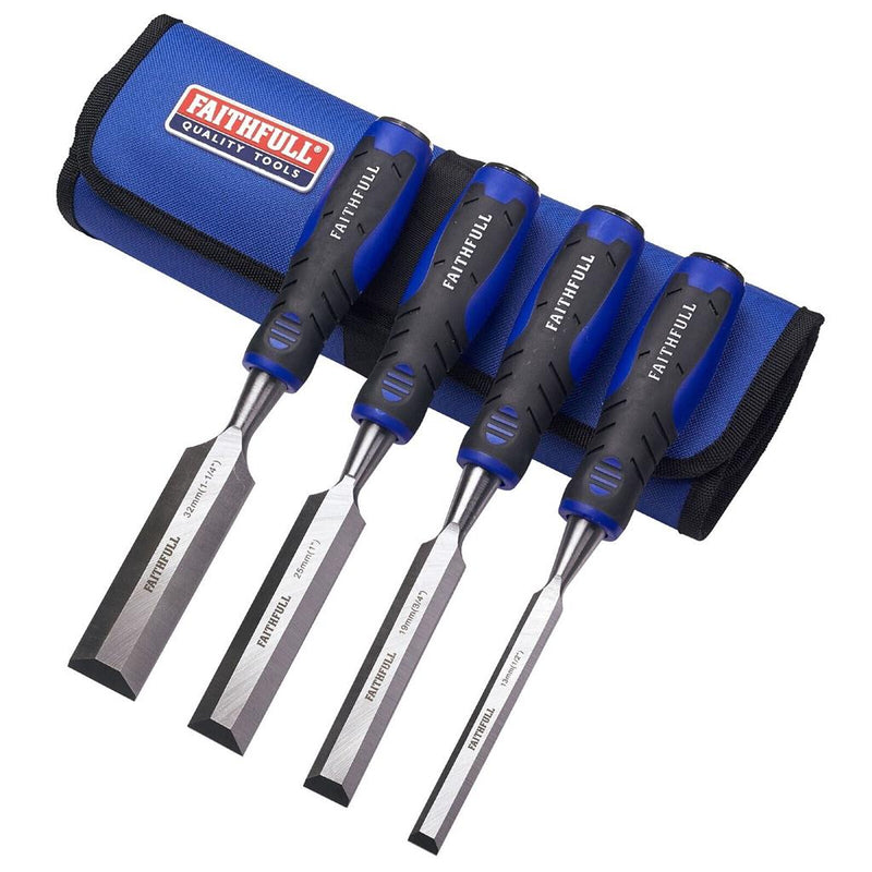 FAITHFULL Wood Chisels Set 4pc  6mm 25mm Tool Roll FAIWCSGS4CR