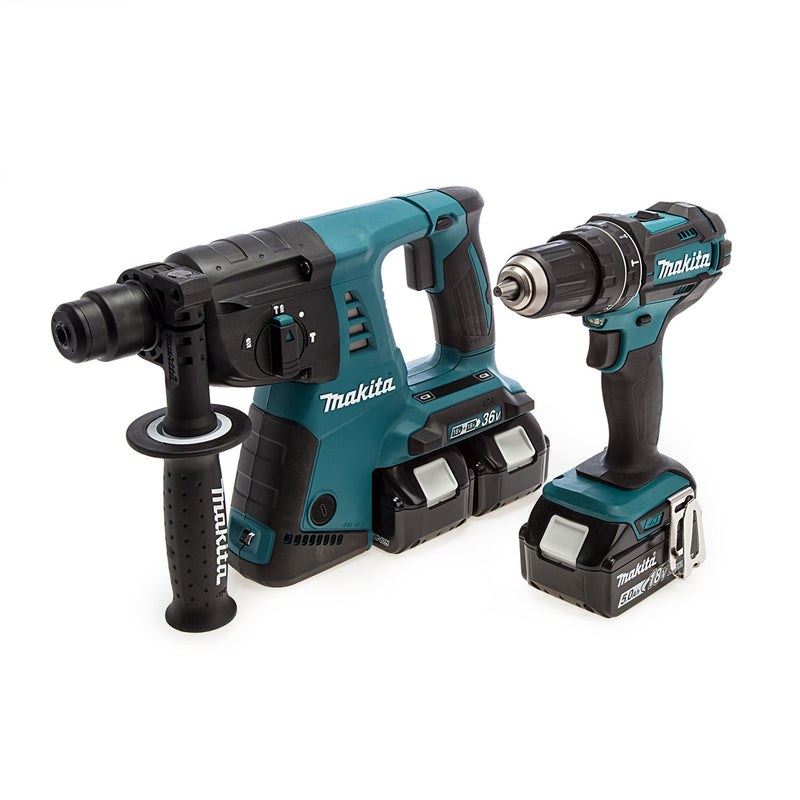 Makita Makita DLX2137PTJ 18V/36V Combi Drill & SDS Plus Rotary Hammer Twin Pack (4 x 5.0Ah Batteries) DLX2137PTJ