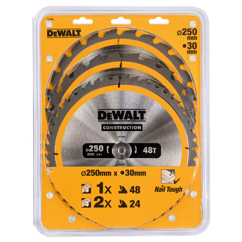 Dewalt Dewalt DT1963 Construction Circular Saw Blade Triple Pack 250 x 30mm x 24T & 40T (3 Pack) DT1963