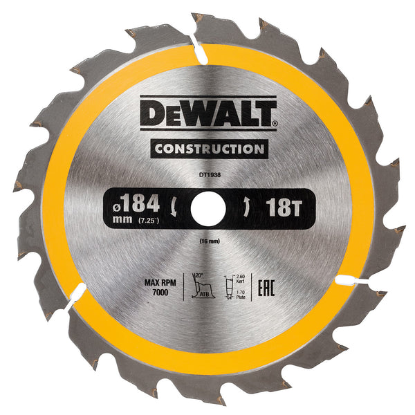 Dewalt Dewalt DT1938 Construction Circular Saw Blade 185 x 16mm x 18T DT1938-QZ