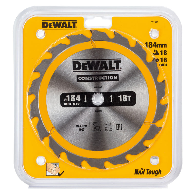 Dewalt Dewalt DT1938 Construction Circular Saw Blade 185 x 16mm x 18T DT1938-QZ