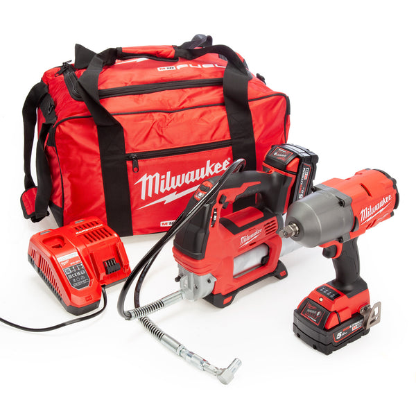 Milwaukee Milwaukee M18 FPP2AI-502B Fuel Twinpack - Impact Wrench and Grease Gun (2x 18V 5.0Ah) 4933472104